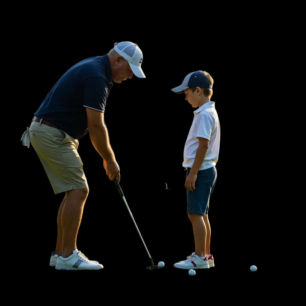 A coach and a student in golf attire standing on a sunny green school field, with the man demonstrating a golf putt with a putter while the boy watches closely.