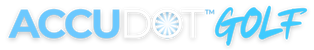 AccuDot Golf logo centered on a plain white background, with the wordmark in light blue and white lettering and a small golf ball icon inside the O.